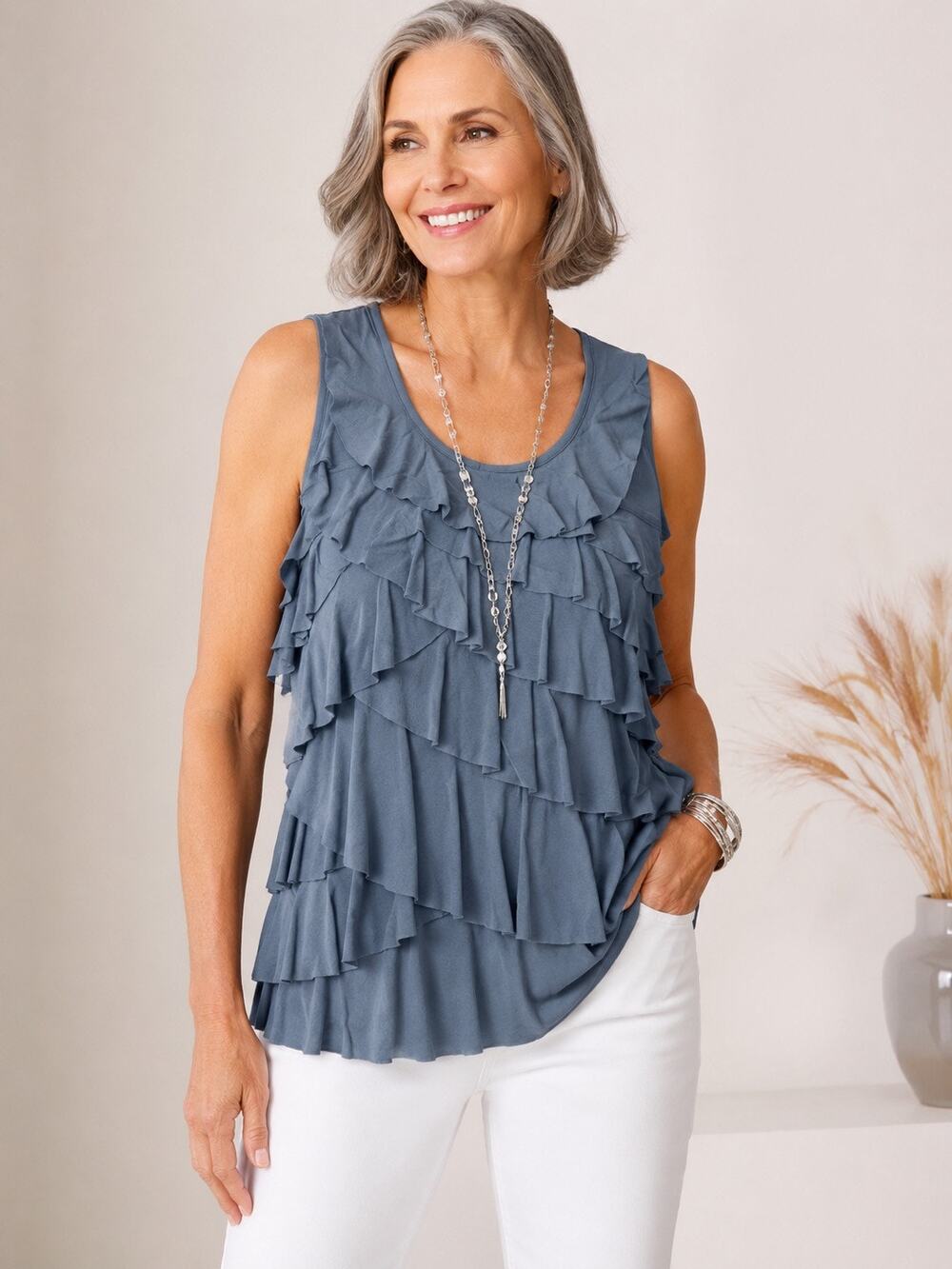 Chico's Size 1 (M 8/10) Blue Gray Ruffle Front Sleeveless Tank Top